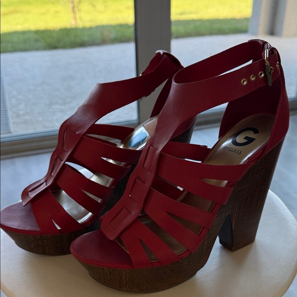 G by Guess Strappy Red Platform Heels